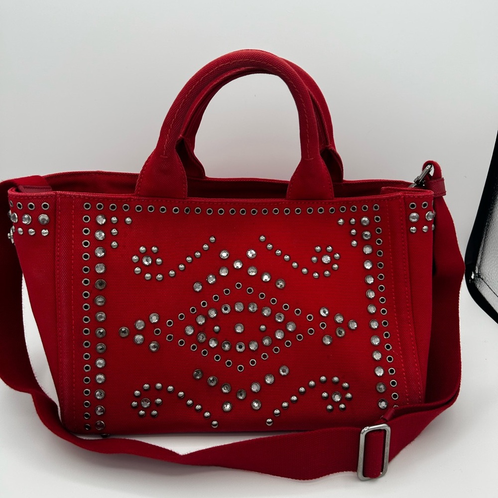 Prada Canapa Red Studded Tote Bag - Picture 4 of 11